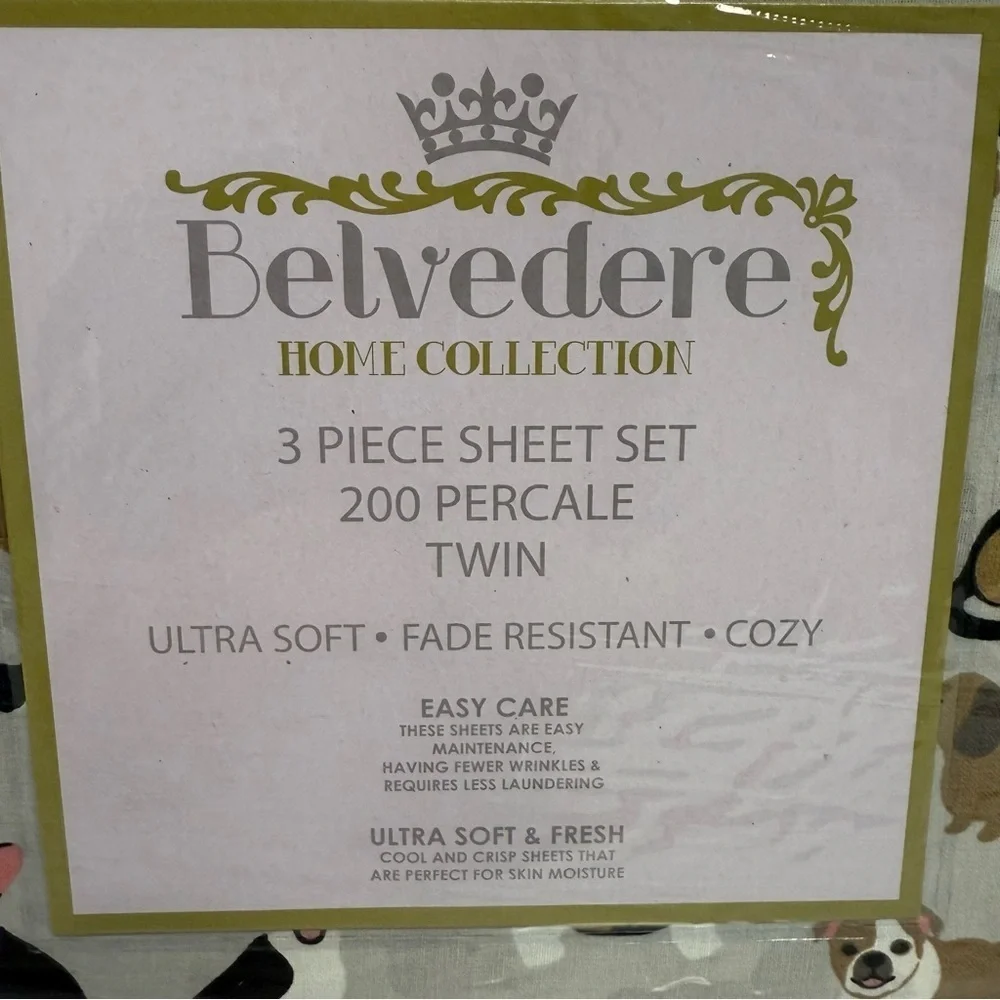 Dog Print 3pc Sheet Set Twin Belvedere Gray Dogs Bulldog Collie Dachshund Yorkie